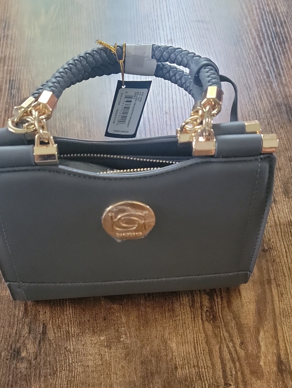 Chic Grey Top-Handle Satchel with Gold Hardware